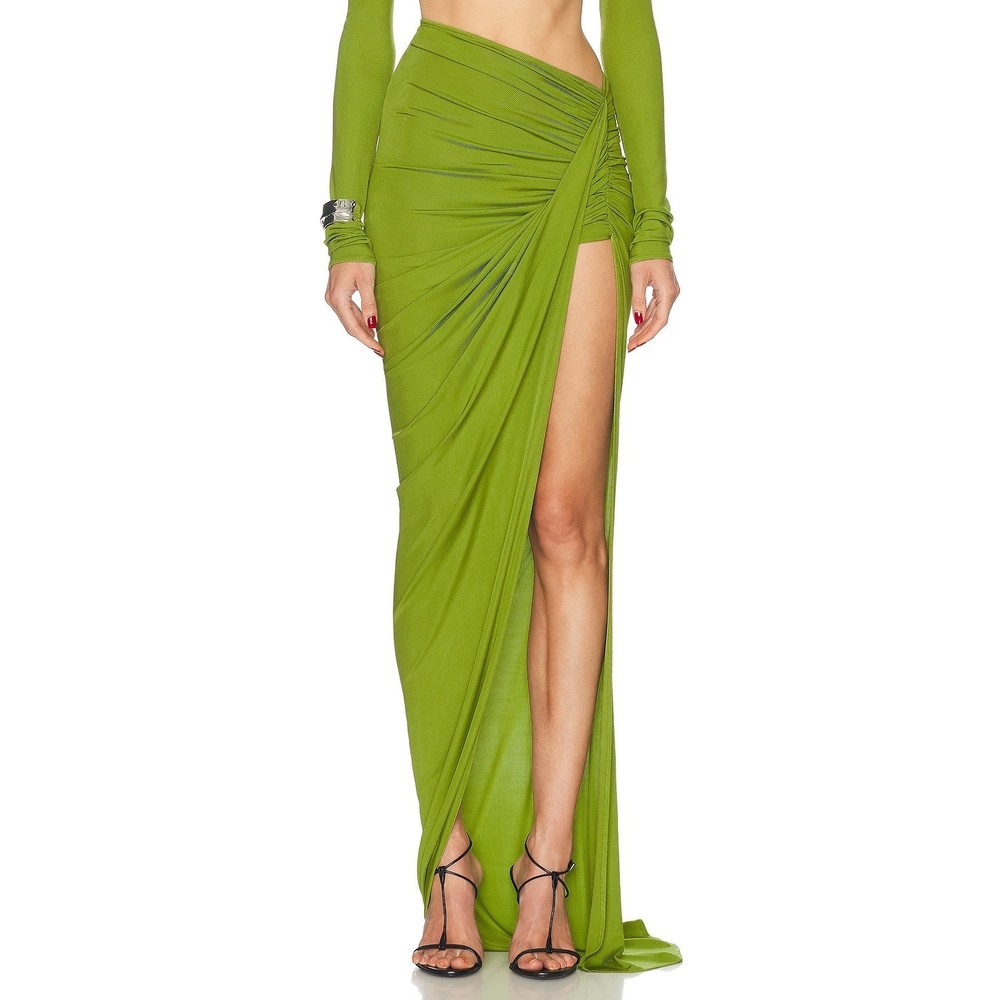 New Atlein Draped Asymmetric Skirt in Lime green maxi split hem ruched fishtail